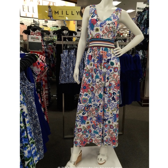 MILLY FOR DESIGNATION Dress Maxi Empire Waist Bohemian Blue Floral Small - Picture 4 of 7